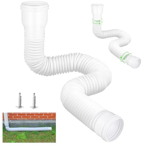 Stretchable Rain Gutter Downpipe Drain 1 Piece, Rain Gutter Downpipe Extensions Flexible Drain Downspout Extender, Gutter Connector Extension from 47 to 150 cm with 2 Adapters, 2 Screws (White)