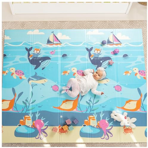 Sweety Fox - Spielmatte Baby - Krabbelmatte Baby 150x180x1cm - Krabbelmatte Wendbar, Faltbar, Wasserabweisend - Schaumstoff Babymatte - Baby Spielmatte (Ozean)