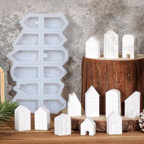 Ovaletta 12 Stück Mini Silikonform Haus, Silikonformen Gießformen Mini-Häuser, Silikonformen Gießformen Ostern, Gießform Ostern, zum Ausgießen mit Kreativ- Beton, Resin Gießharz, Wachs