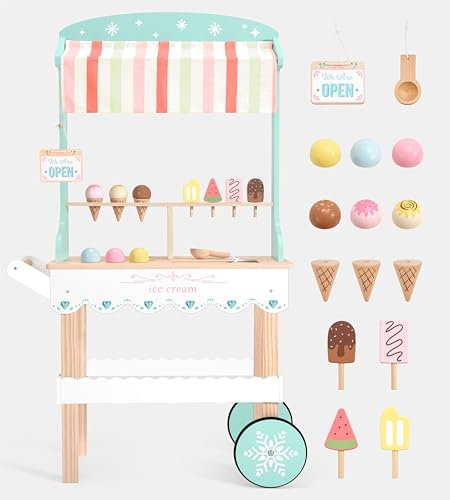 PairPear Holz Eiswagen für Kinder Rollenspiel Lebensmittelgeschäft Eiswagen 2 in 1 Holzspielzeug Lebensmittelwagen Spielküche Kleinkinder Geschenk Jungen und Mädchen ab 3 Jahren Wooden Ice Cream Cart