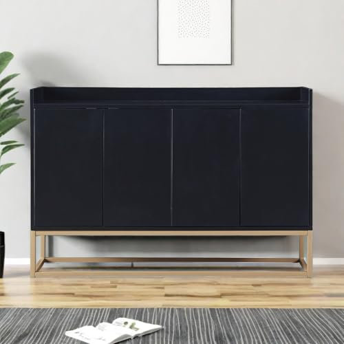 MISNODE Buffet, Meuble de Rangement à 4 Portes avec étagères réglables, Meuble Buffet sans poignée, Meuble de Cuisine de Salon avec Base en métal (Noir)