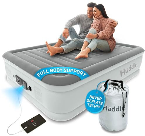 Huddle® Luxury Never Deflate Full Air Bed with Patented Dual Pump SlumberGuard™ Premium Technology | Inflatable Mattress with Built-in Pump | Comfortable Inflatable Mattress