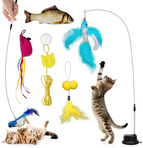Libershine Juguete Interactivo para Gatos, 7 Piezas Juguete Pluma de Gato Interactivo con Ventosa 1 Varita Teaser 5 Juguetes Reemplazables, Varita de Juguete para Gatos y Gatitos Interior