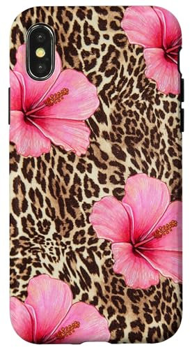 Leopard Print Hibiscus Flower Pink Floral Case for iPhone X/XS