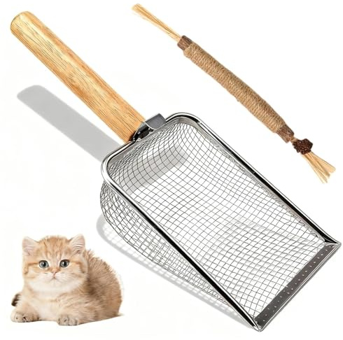 PHMING 6-Maschen Edelstahl Katzenstreuschaufel,Katzenschaufel für Katzenklo | mit Katzenspielzeug, Langlebig & Hygienisch, Metall Schaufel für Katzentoilette