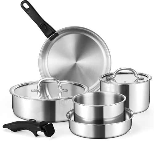 E-far 9pcs Pots and Pans Set, Stainless Steel Cookware Set with Detachable Handle, All-Clad 3-Ply Kitchen Cookware Sets with Removable Handle, Induction Cooking Set for RV Camping, Oven Safe