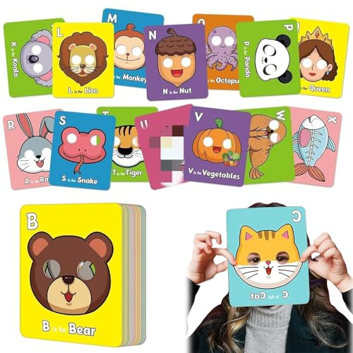 26 PCS Alphabet ABC Flash Cards with Animal Masks, Giant Letter ABC Animal Faces Flash Learning, Colorful Alphabet Mask Cards, English Phrases for Parties