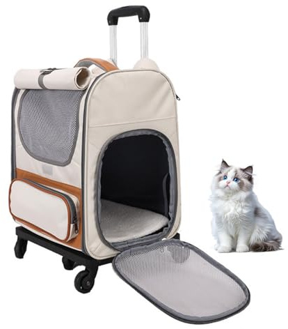 Hunderucksack Katzenrucksack mit Rädern, Transportbox Hund (bis 8kg), Faltbare Katzentasche mit Taschen & Abnehmbarer Trolley & Atmungsaktivem Netz, Kinderwagen Für Haustiere(Beige)