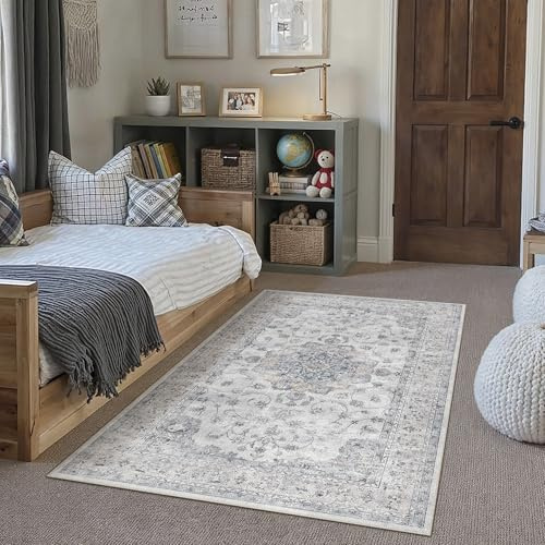 PureCozy Vintage Waschbarer Blau Teppich Wohnzimmer 120x170cm | Rutschfest Kurzflor,Weich Teppiche,Wohnzimmerteppich,Schlafzimmer,Esszimmer,Büro,Kinderzimmer