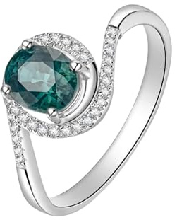 Ayoiow Damenring Weissgold 375 Ovaler Diamant mit vier Krappen, grünem Turmalin und Diamant, Ring Damen Valentinstag für Freundin Größe 52 (16.6)| 9K Weißgold | Trendiger Modeschmuck für Neujahr