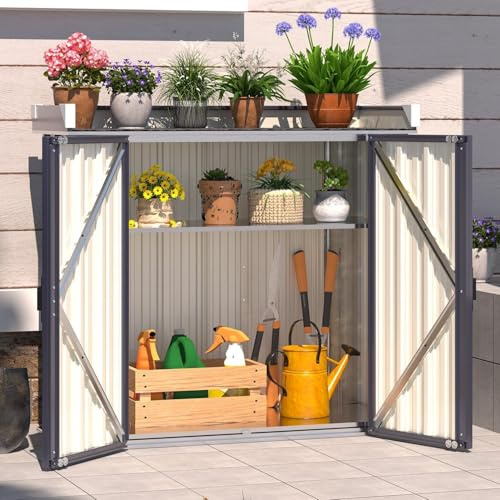 YODOLLA Gartenschrank Wasserdichter mit Pflanztisch, 97x34x93cm Arbeitsplatte mit verstellbaren Regalen, Metall Gartenschuppen für den Außenbereich, Gartengeräte, Grau