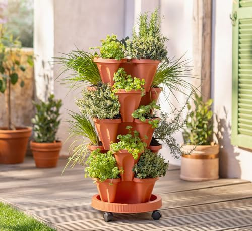 Pflanzturm 5er-Set mit Rollen, stapelbares Pflanzsystem mit Abflusssystem | Für Balkon, Terrasse und kleine Flächen