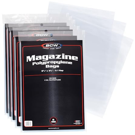 BCW Magazine Bags - 500 Count | Fits Standard 8.5 x 11 Inch Magazines | Acid-Free Polypropylene Magazine Sleeves with Fold-Over Tape Flap | Archival Plastic Magazine Protectors for Collectors