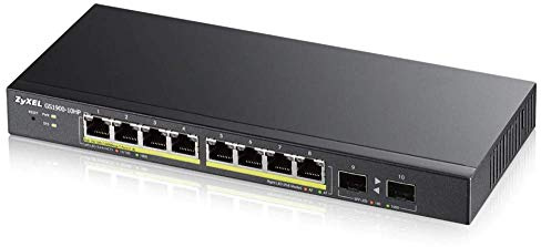 Zyxel Switch Smart Managed PoE+ 8 Porte Gigabit con 77 Watt Budget - design senza ventole e 2 Porte SFP, Garanzia a Vita [GS1900-10HP]