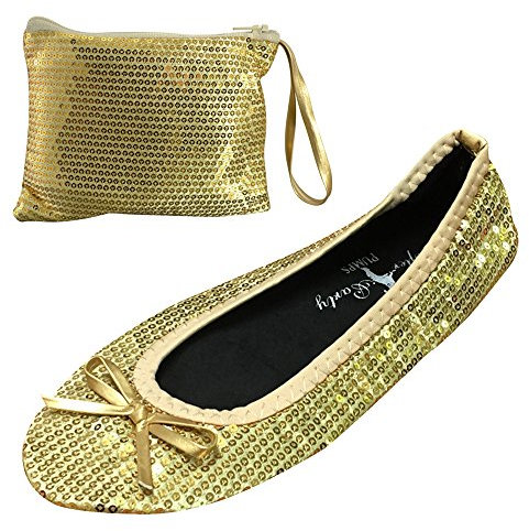 After Party Pumps® Gold Sequin Size UK 3-4 Ladies Roll Up Shoes Sparkly Glitter