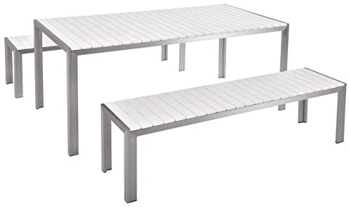 Praktisches Gartenmöbel Set Kunstholz 2 Bänke Tisch weiß Nardo