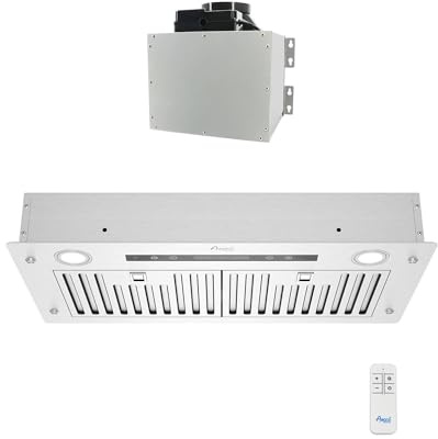 Awoco 14-1/2”D Super Quiet Split Insert Ceiling Mount Stainless Steel Range Hood, 4-Speed, 800 CFM, LED Lights, Baffle Filters with 6” Blower & Remote Control (30W 6 Vent)