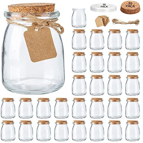 Lot de 30 mini bocaux en verre avec couvercles en liège pour yaourt pudding en verre conteneurs en verre avec couvercles bocaux Mason Jar pour dragées de mariage pot de miel avec étiquette et ficelle