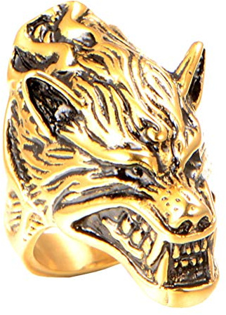 OAKKY Herren Retro Brüllen Wolf Werwolf Kopf Ritter Biker Ring Edelstahl Tier Charme Gothic Punk Rock Gold Überzogen Größe 65 (20.7)