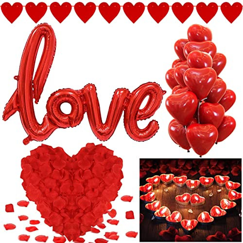 Romantisches Deko Set, 50 Teelichter Herz Girlande 1000 Rosenblätter, 20 Luftballons in Herzform | XXXL LOVE Folienballon Valentinstag Deko für Valentinstag Hochzeit oder Verlobung