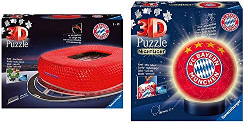 Ravensburger 3D Puzzle - Allianz Arena bei Nacht - 216 Teile & 3D Puzzle Nachtlicht FC Bayern München - Fanartikel für Kinder ab 6 Jahren, LED Nachttischlampe mit Klatsch-Mechanismus, Schlummerlicht