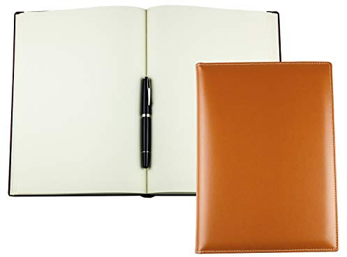DELMON VARONE - Personalisierbares Notizbuch DIN A4 gebunden Premium Cambridge Leder Braun - Blanko Skizzen Buch ohne Linien im Hardcover Ledereinband - auch als Tagebuch, Reisebuch & Skizzenbuch
