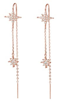 SLUYNZ 925 Sterling Silver Star Earrings Dangle Chain for Women Long Threader Earrings Tassel
