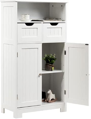 CASART Bathroom Floor Cabinet, Wooden Storage Cupboard with Adjustable Shelf & Doors, Freestanding Side Cabinet Storage Organizer for Bathroom Kitchen Living Room (White)