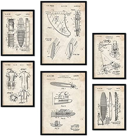 Nacnic Set von 6 Plakaten mit Surfen Patenten. Plakate mit Retro-Patentabbildungen. Inneneinrichtung im Vintage-Stil. Grösse A4 und A3. Ohne Rahmen.