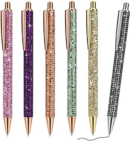 cobee Bling Metal Pens, 6pcs Click Retractable Ballpoint Pens, 1.0mm Black Ink , Metal Glitter for Men, Women, School, Office, Home, Drawing (Checkered Style)
