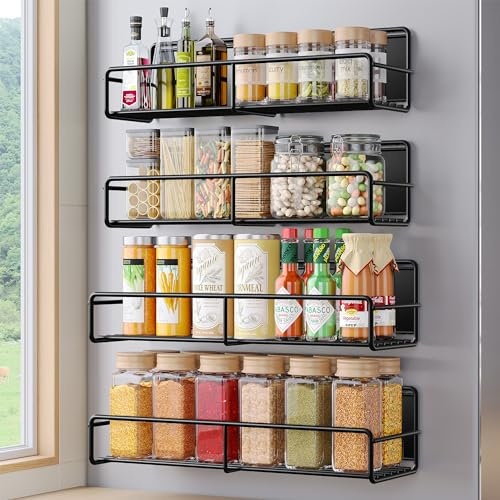Mystozer 4 Pack Magnetic Spice Rack for Refrigerator, Magnetic Shelf Fridge Organizer for Kitchen Storage, Black