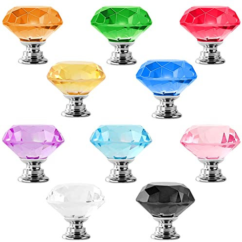 ANJUU Schrankknäufe aus Kristallglas, 30 mm, Diamantform, mit Schrauben, Schubladenknauf, Ziehgriff für Küche, Kommode, Tür, Schrank, 10 Stück (gemischte Farben)