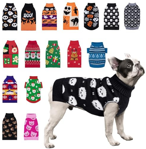 CuteBone Halloween-Hundepullover für kleine Hunde, mit Totenköpfen, gestrickt, für Haustiere, Winterkleidung, Pullover, Warmer Strick mit Leinenloch DS35XS-DE