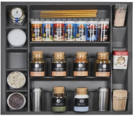 Orga-Box I Multi-Gewürzdoseneinsatz 515 x 473 x 40 mm oriongrau mit Antiruschbeschichtung Multi-Gewürzglaseinsatz für Tandembox Antaro/Intivo u. ModernBox im 60er Schrank Schubladeneinsatz