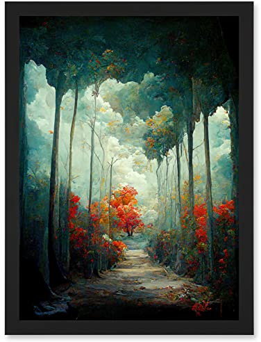 Doppelganger33 LTD Autumn Forest Path Landscape Scene Painting Artwork Framed Wall Art Print A4