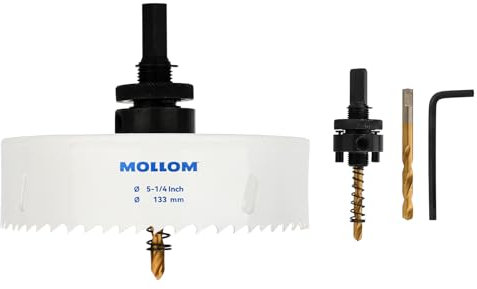 MOLLOM (133mm | 5-1/4) Scie-cloche bimétal HSS M42 avec 8% de cobalt avec 2 forets pilotes et mandrin, coupe lisse pour PVC, plaque de plâtre, bois, plastique, plaque de plâtre, caoutchouc