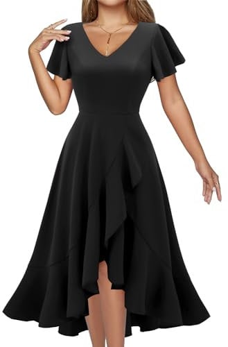 DRESSTELLS Black Formal Dress for Women 2025 Tea Party V Neck Wrap Cocktail Wedding Bridesmaid Dresses Fit and Flare Prom Evening Funeral Dresses Black M