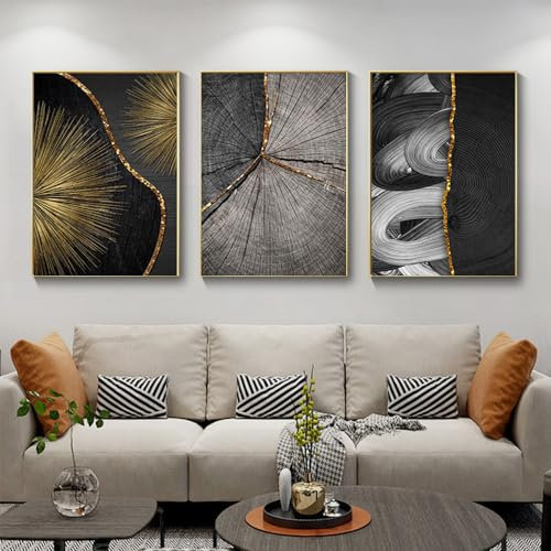 NPCEED Schwarz Gold Leinwand mit Holzmaserung,Schwarz Gold Leinwand Bilder 3er set,Abstraktes Bild auf Leinwand,Moderne Bilder Wohnzimmer Ohne Rahmen (C,60x90cm)