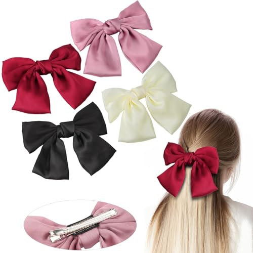 Mbsomnus 4 Stück Schleife Haare Haarschleife Damen Schleifen Haarklammer Großer Haarschleifen mit Abteilklammern Haarspange Schleife Hair Bow Metallklammern für Geschenk - Schwarz Rot Weiß Rosa