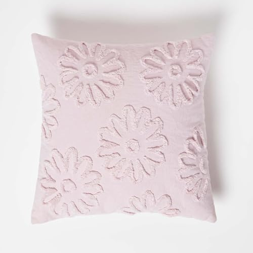 Homescapes Dekokissen rosa aus Baumwolle, Kissen 45x45 cm getuftet, Blumen-Kissen Boho Style
