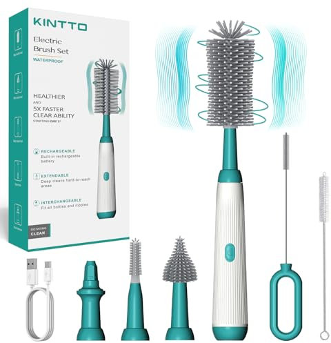 KINTTO Electric Water Bottle Brush Cleaner with Rechargeable, Baby Bottle Brush Cleaning Set ,Waterproof Replaceable Nipple and Straw Silicone Brush Green
