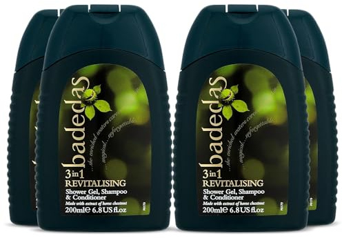 Badedas 3-in-1 Revitalizing Shower Gel Shampoo and Conditioner Made with Extract of Horse Chestnut and the Distinctive Badedas Fragrance 200 ml Pack of 4