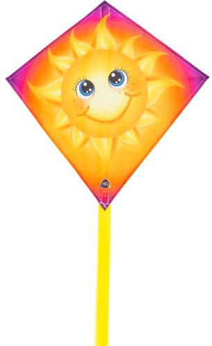 HQ Design Mini Eddy Sun, Kinderdrachen Drachen Flugdrachen Drachen zum steigen Lassen, wenig Wind, ab 5 Jahre, 40x40cm+Drachenschwanz inkl. 15kp Polyesterschnur 15m auf Griff, 3-6 Bft
