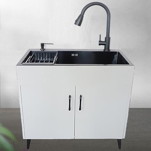 Fregadero para exteriores con mueble de almacenamiento, mueble para fregadero de cocina independiente con grifo extraíble, fregadero de acero inoxidable con mueble, apto para uso en exteriores e inter
