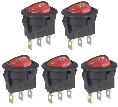 VEXUNGA Interruptor Basculante 12V 20A Redondo Interruptores Palanca 3 Pines ON/OFF 2 Posición Luz Rojo Encendido/Apagado (Paquete de 5)