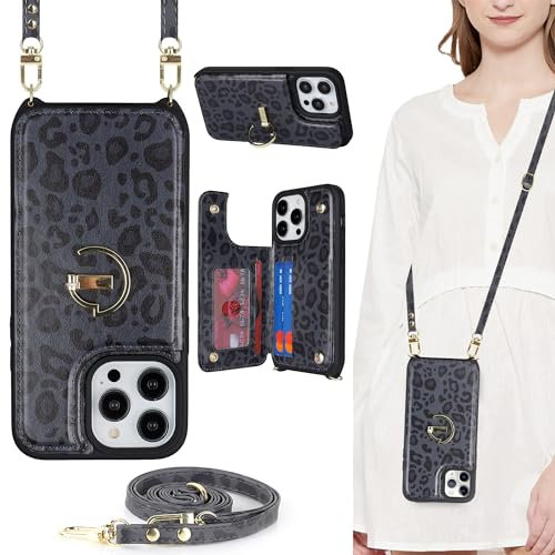 ELTEKER for iPhone 15 Pro Phone Case with Card Holder and Strap,PU Leather Wallet Case Flip Cover with Crossbody Lanyard Strap for iPhone 15 Pro (6.1 Inch)-Black Leopord