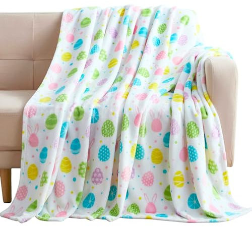 Ostereier-Samt-Fleece-Überwurfdecke: bunt, dekorativ, weich, gemütlich, bedruckt, Aqua-Grün, Rosa, Lila, Gelb, Weiß, Übergröße, 127 x 177,8 cm