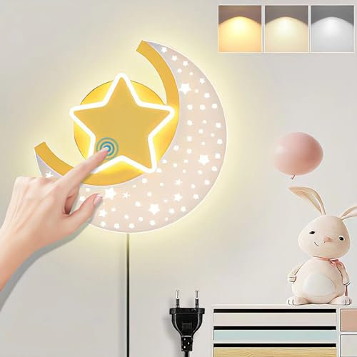 Wandlampe Kinderzimmer LED Innen Wandleuchte Dimmbar mit Touch Schalter Mond Nachttischlampe mit Stecker Modern Kinder Wandbeleuchtung 12W Acryl Nachtlicht für Junge Mädchen Schlafzimmer Babyzimmer