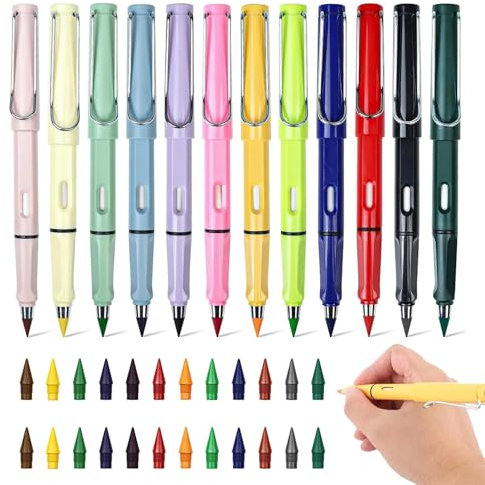 Metall Ewiger Bleistift, 12 Tintenlose Bleistifte , Unendlicher Tintenlose Bleistift Mit Radiergummi, Der Ewige Endlos Bleistifte, Schreibwaren Set, Radierbare Buntstifte, Mit 24 Ersatz-Federn