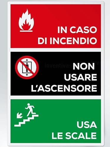 GLOBAL CARTELLO SEGNALETICO - non usare l'ascensore in caso di incendio - Segnale Adesivo Extra Resistente, Pannello in Forex, Pannello In Alluminio (Adesivo, 10x15 cm)